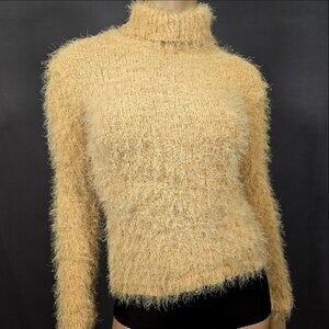 Vintage 90s Fluffy Shaggy Grunge Sweater Womens Size M Yellow Beige Turtleneck